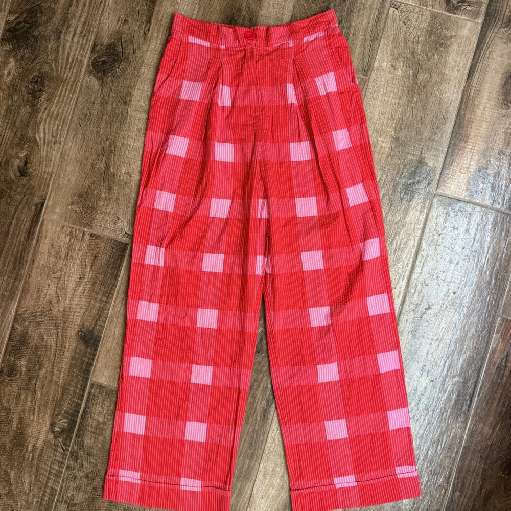 Porridge Womens High Rise Check Seersucker Pleated Wide Leg Pants,Red Pink,M